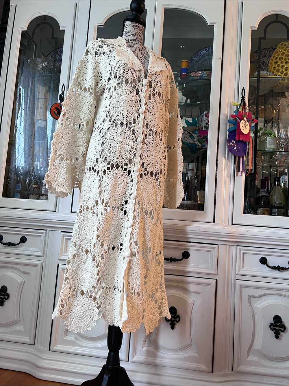 Newport News Cream Crochet Long Cardigan Duster with Scalloped Edges S - Picture 16 of 16